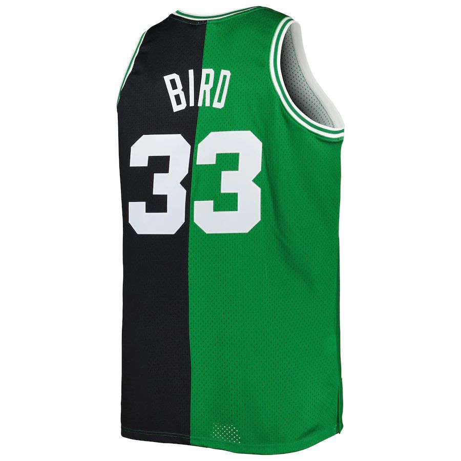 B.Celtics #33 Larry Bird Mitchell & Ness Big & Tall Hardwood Classics 1985-86 Split Swingman Jersey Black Kelly Green Stitched American Basketball Jersey